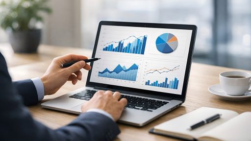 Manager bekijkt KPI-dashboard met grafieken op computerscherm