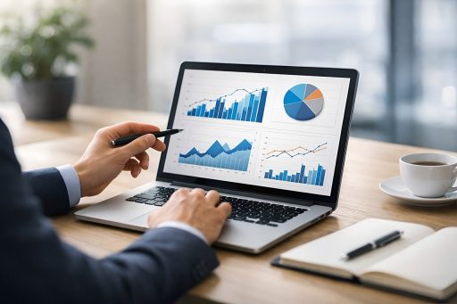 Manager bekijkt KPI-dashboard met grafieken op computerscherm