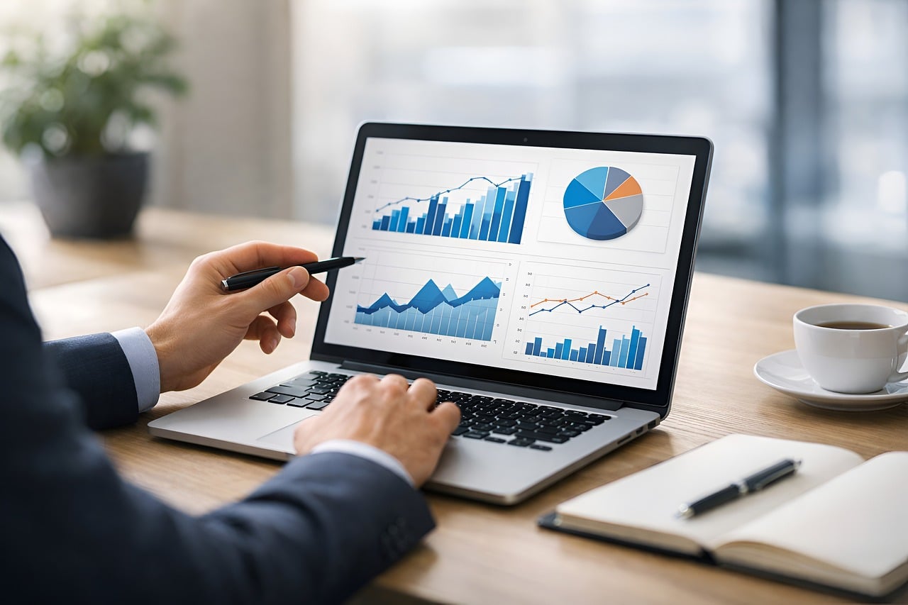 Manager bekijkt KPI-dashboard met grafieken op computerscherm