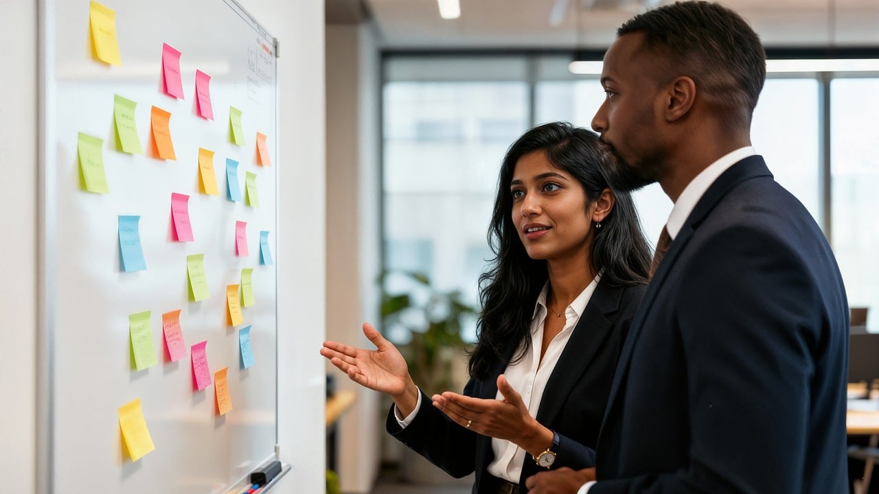 Teamleden staan bij een whiteboard en bespreken missie visie en strategie
